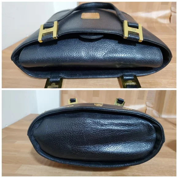 MCM Black Leather Vintage Logo Embellished Small Tote